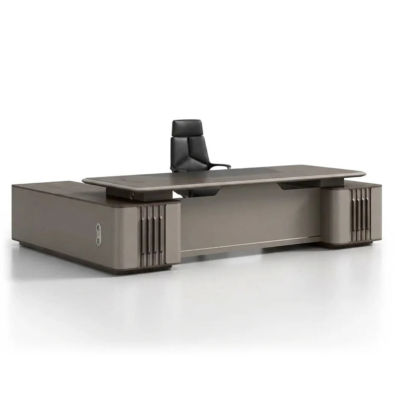 Ainley modern executive desk in walnut and champagne gray with fluted side panels
