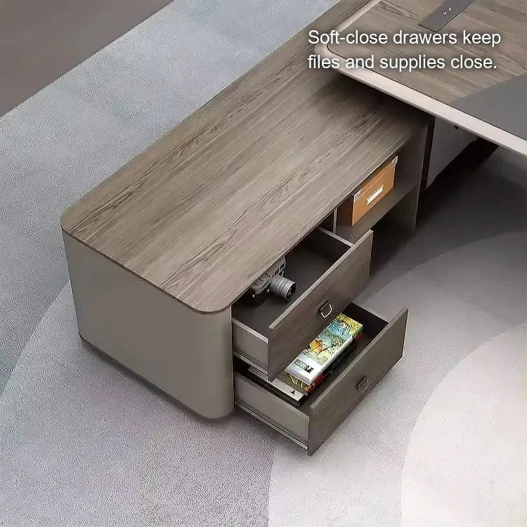 Two storage drawers open on the Ainley return cabinet in champagne gray