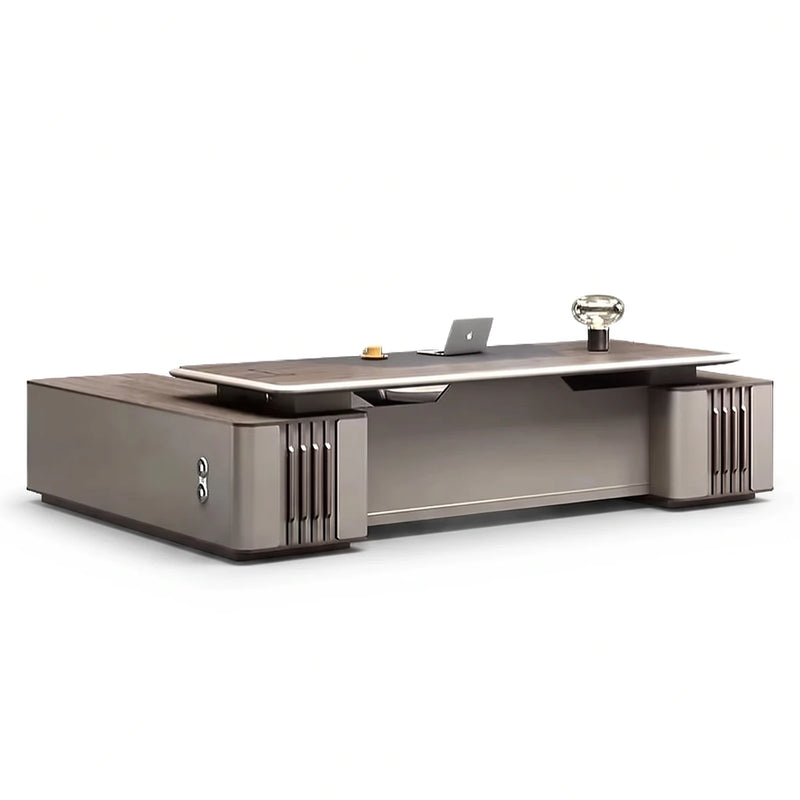 Ainley executive desk in walnut, rear angle showing the modesty panel and fluted columns