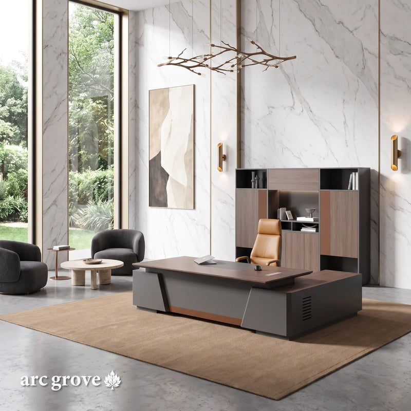 Alford · Modern L-Shaped Executive Desk, in an office with white marble walls with fine gray veins and brass trim