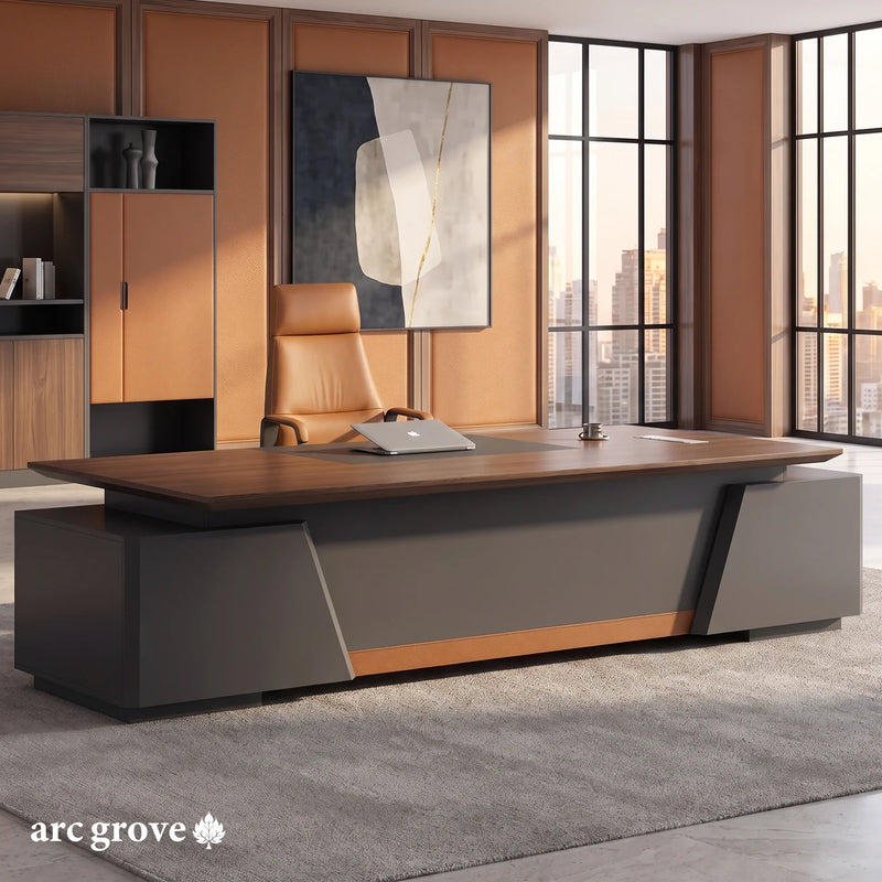 Alford executive desk from the visitor side, in front of a walnut and leather wall unit