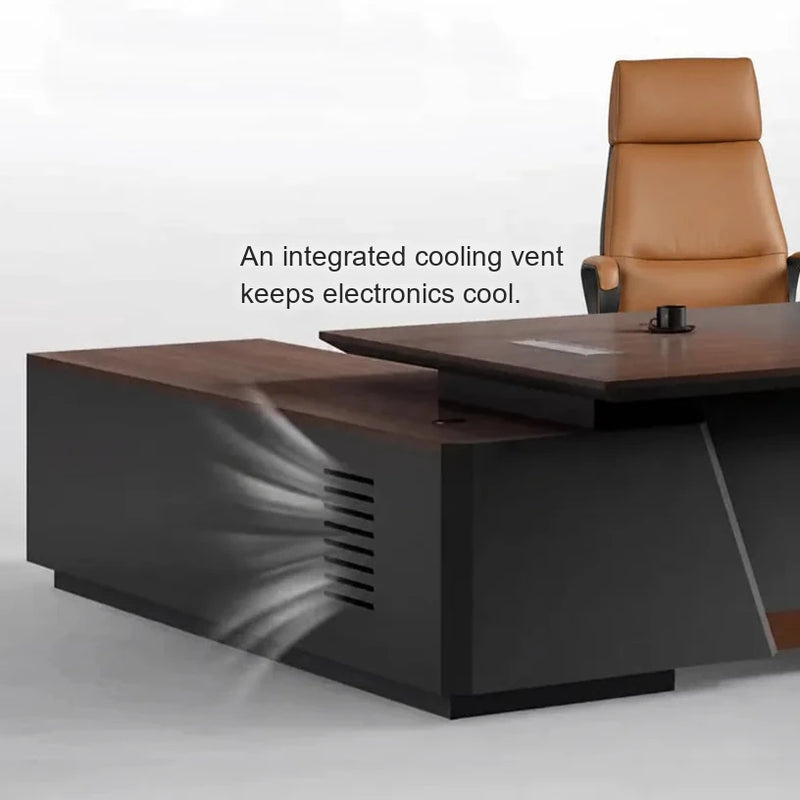 Alford desk close-up: an integrated cooling vent keeps electronics cool
