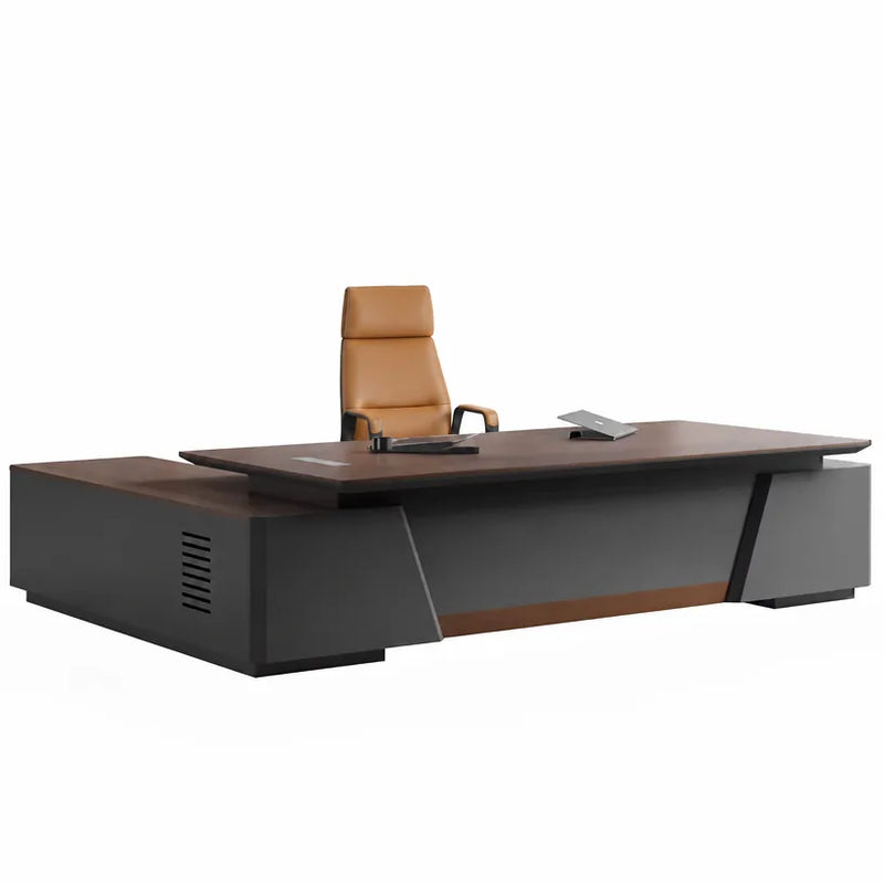 Alford grand executive desk in walnut and black with tan leather chair