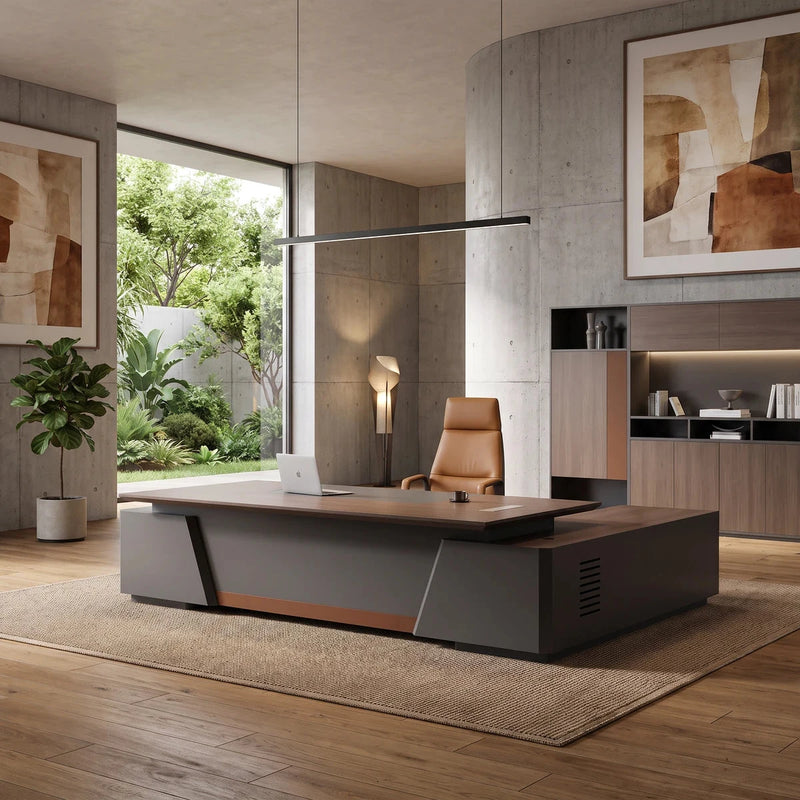 Alford executive desk in a concrete courtyard office with a garden window beside its matching shelving