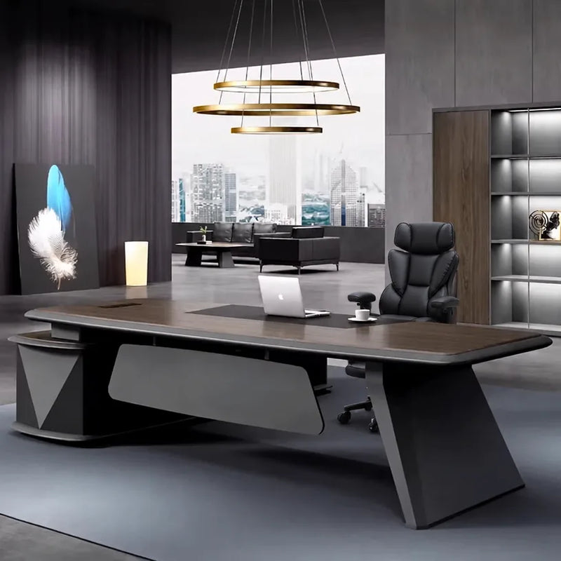Alwin L-shaped desk with angled blade legs in a dark gallery office