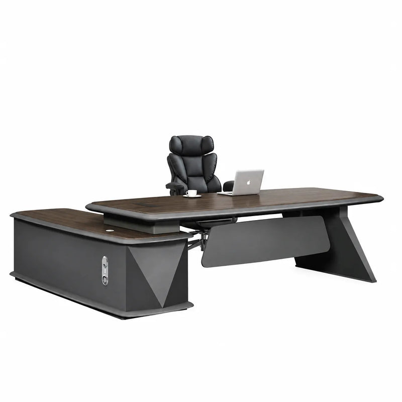 Alwin L-shaped desk in walnut with executive chair, suited to a dealership office