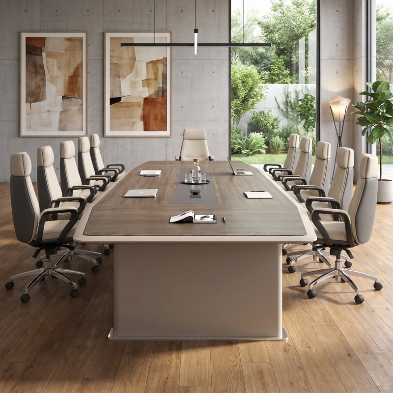 Alwyn briefing table in walnut with cream leather high-back chairs on a woven rug