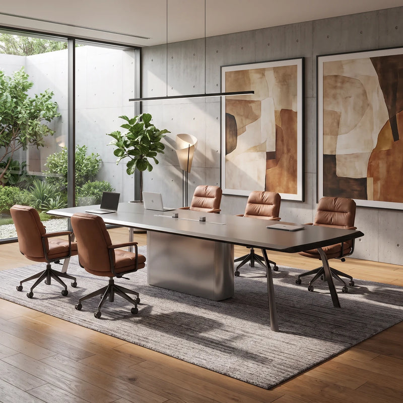 Amalga conference table with its chairs in the concrete courtyard boardroom, another view