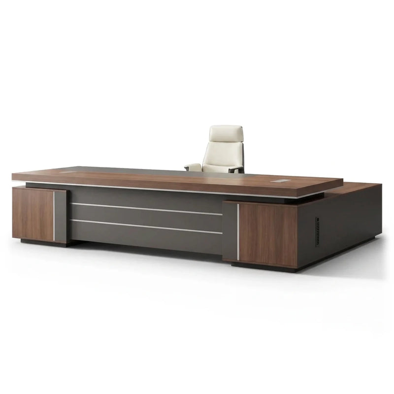 August grand executive desk in mahogany with silver banding, studio view