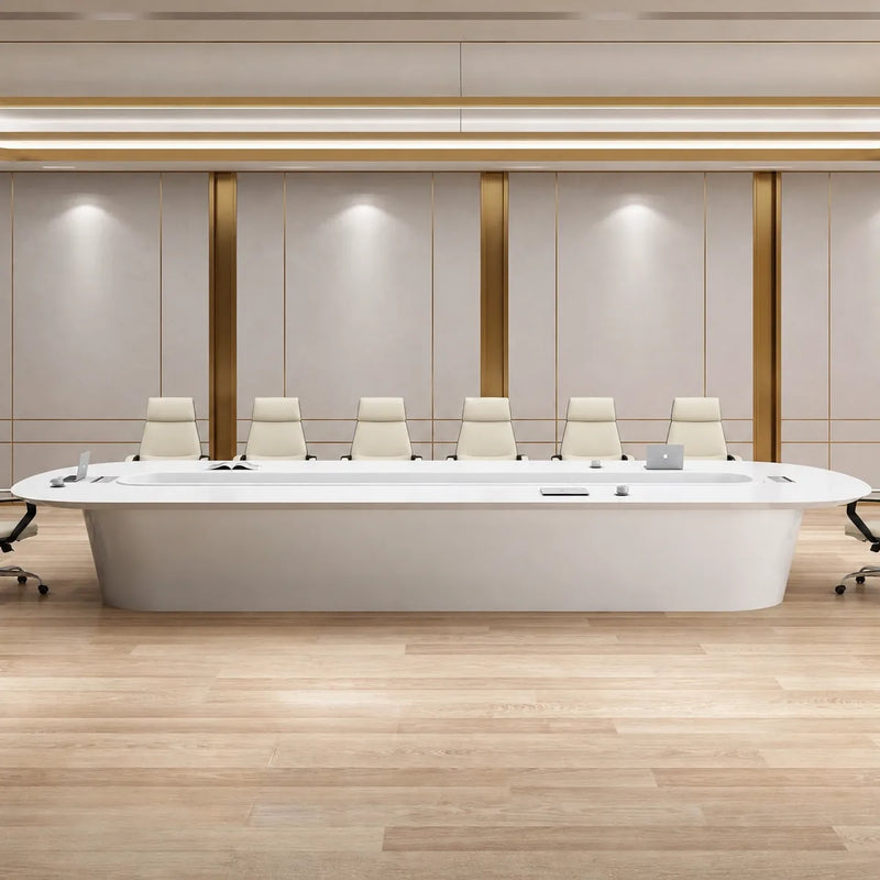 Amica white boardroom table with a row of white chairs in a beige-paneled room with brass trim