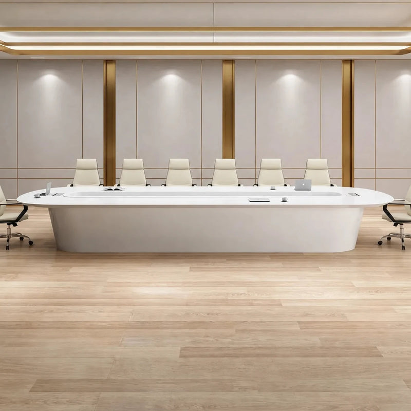Amica white boardroom table with a row of white chairs in a beige-paneled room with brass trim