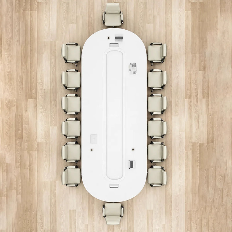 Top-down view of the Amica white racetrack conference table seating 14 on a wood floor