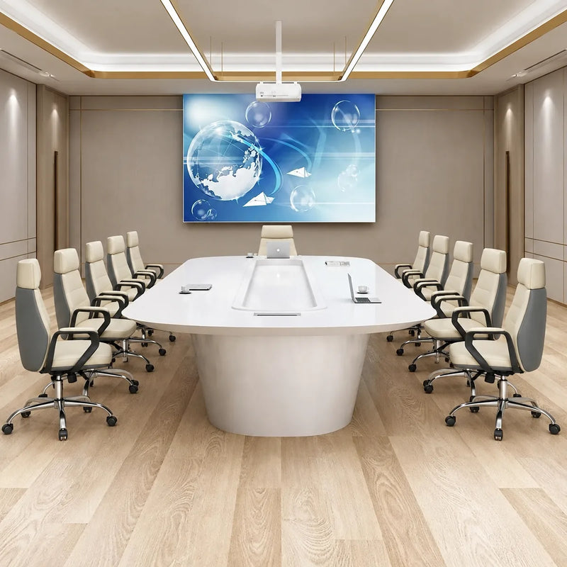 Amica white boardroom table with white chairs viewed from the head of the room, screen and projector above
