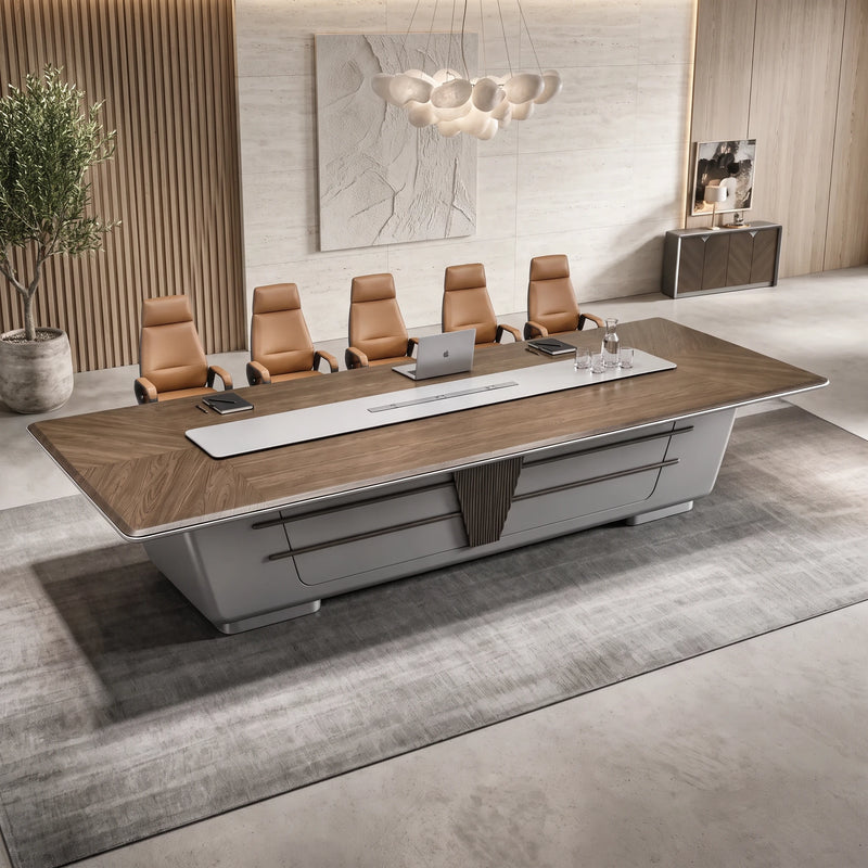 Amiens 11′10″ (142-inch) meeting table seating 12 in gray with a walnut-tone top, five chairs shown
