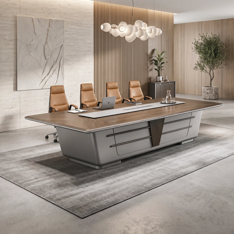 Amiens gray boardroom table with a walnut-tone top and powered center inlay, four chairs