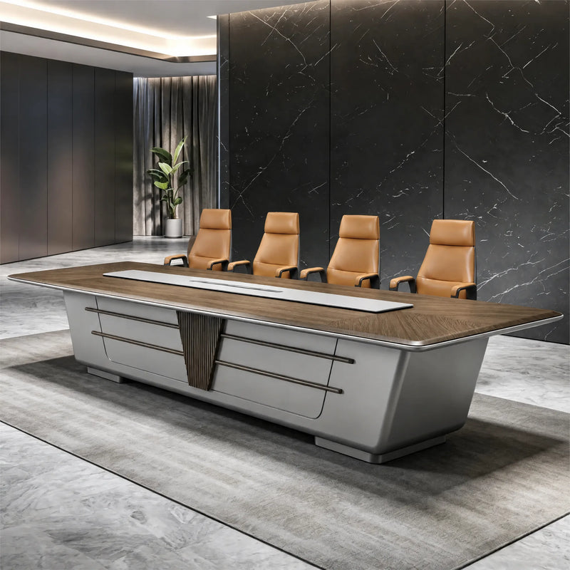 Amiens conference table with leather chairs in a dark stone-walled meeting room, three-quarter view