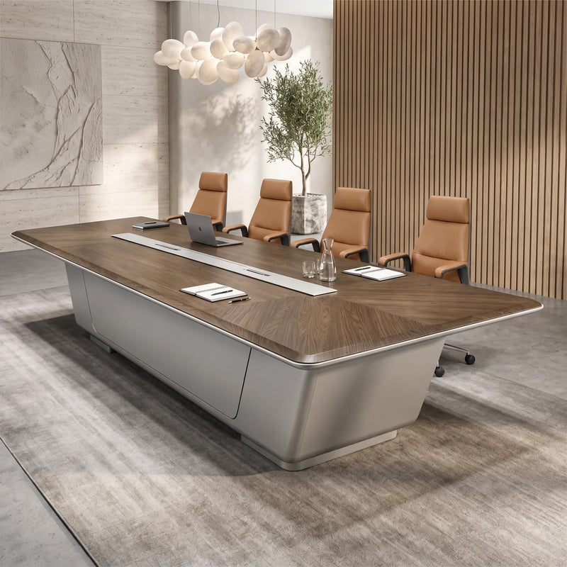 Amiens small 7′10″ (94-inch) six-seat meeting table with four leather chairs
