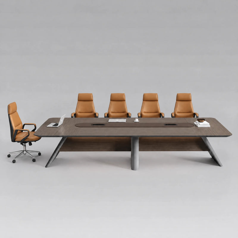Amity modern conference table in brown and gray with a leather-look inlay and angled panel legs, 12′ or 15′9″ (144 or 189-inch) length