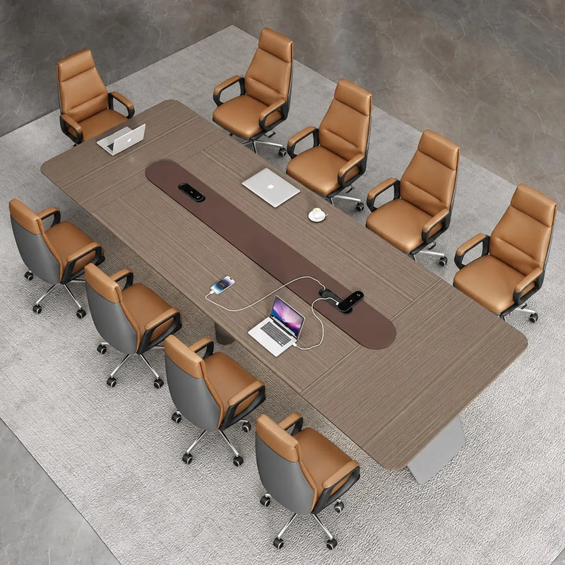Overhead view of the Amity conference table seating 10, with laptops and the powered center rail