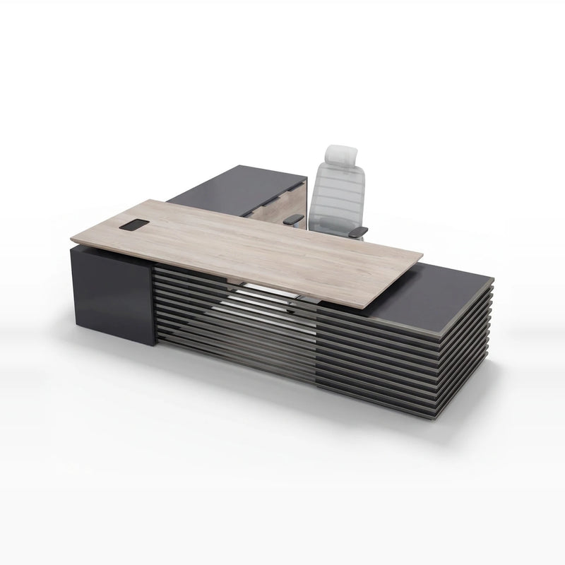 Anderson L-shaped standing executive desk in mahogany with charcoal slat base, right return