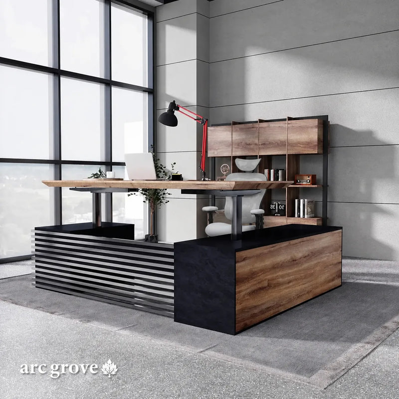 Anderson height adjustable executive desk raised for standing work in a brick-walled loft office
