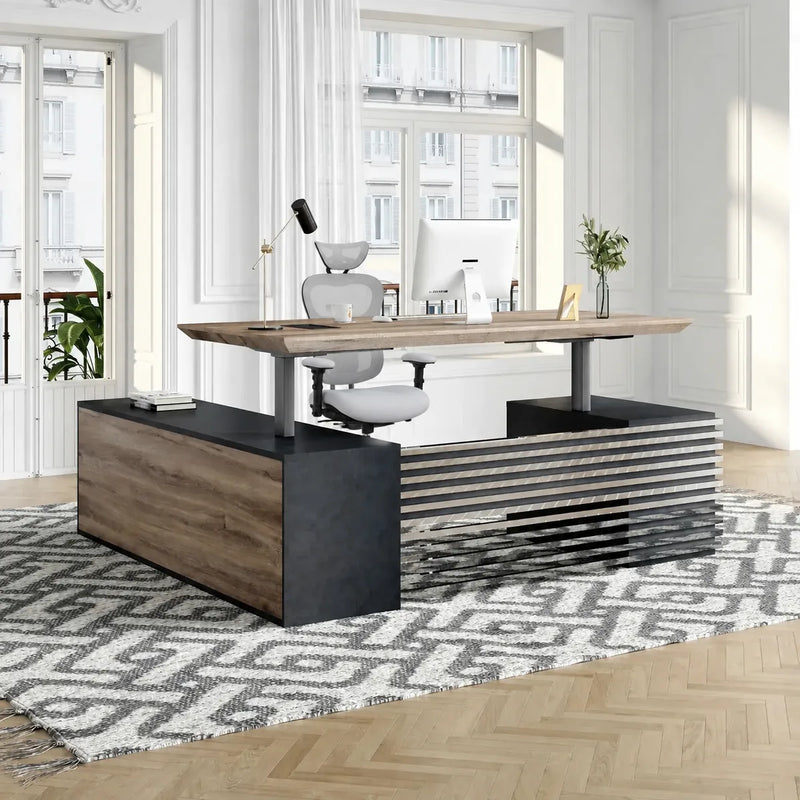 Anderson L-shaped standing desk rises above its storage base in a classic apartment office