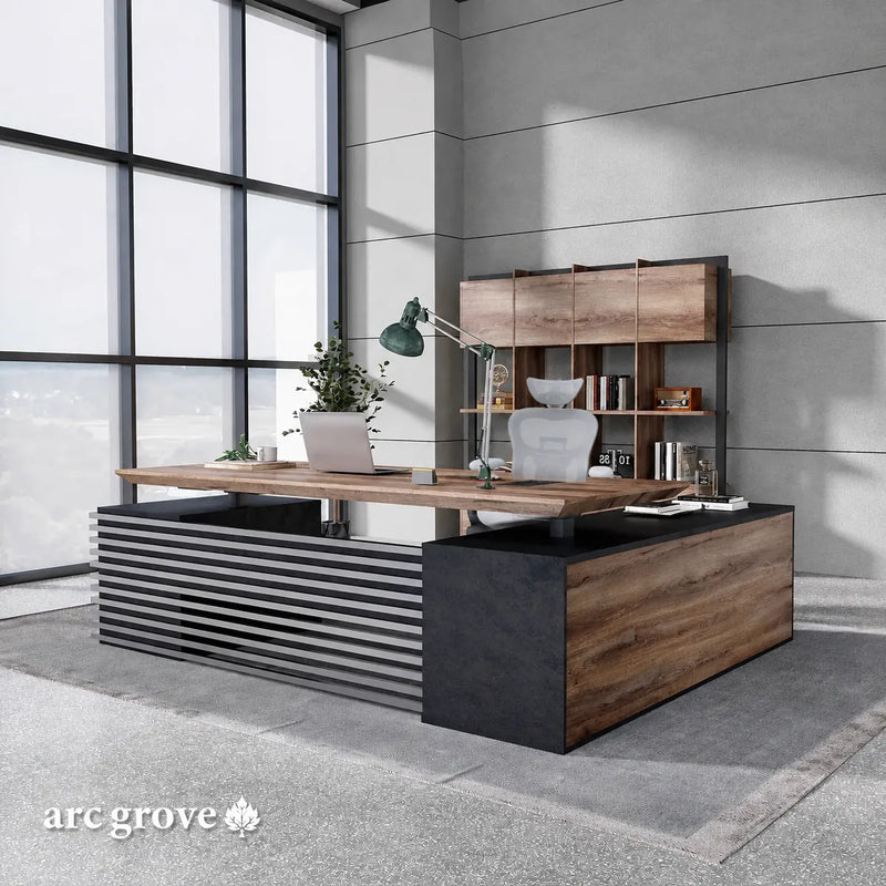 Anderson executive desk at sitting height with matching wall shelf in an industrial office