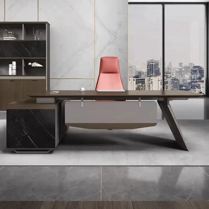 Worley manager desk, right return, in a white marble office