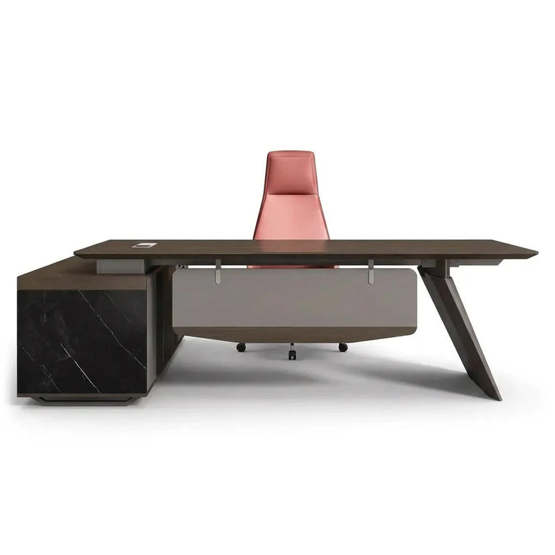 Worley desk in mocha walnut with black marble pedestal and blade leg