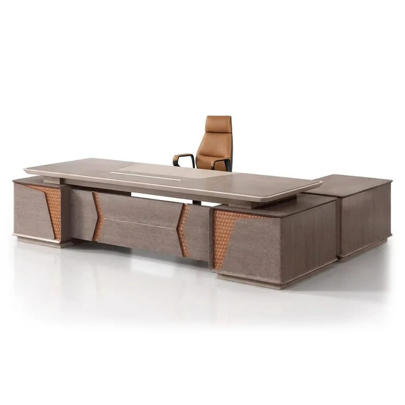 York executive desk in gray oak with orange honeycomb accents