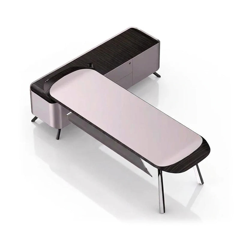 Apexa luxury executive desk with white top, ebony surround, and chrome legs