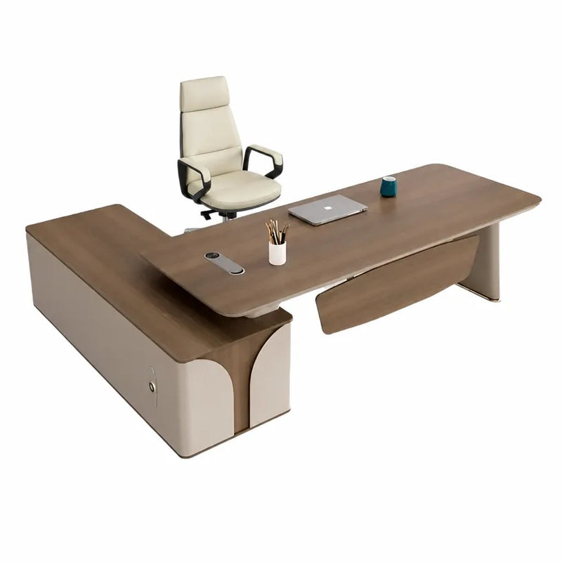 Archer L-shaped desk with curved cream pedestal and tan leather chair