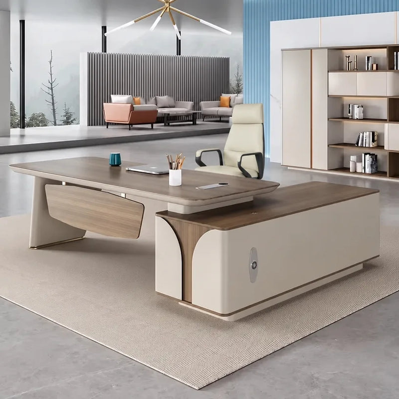 Archer desk in walnut, left return, in a feminine office with soft blue accents