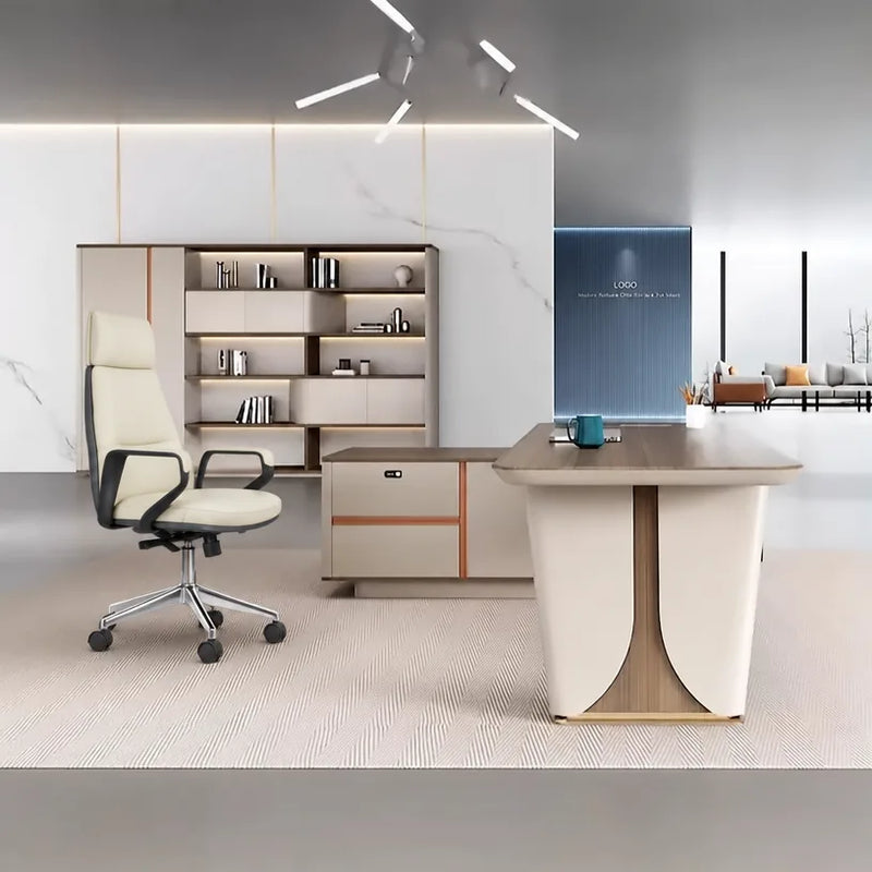 Archer desk with cream storage return and high-back chair in a gallery office