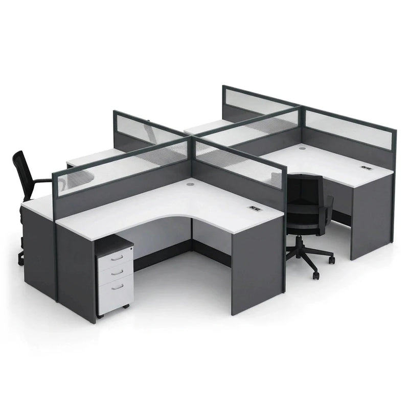 Averon L-shaped cubicle workstations in gray and white in a 4-person team cluster in an open office