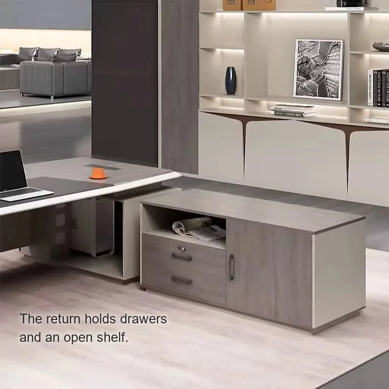 Wynn return cabinet with drawers and open shelf, close view