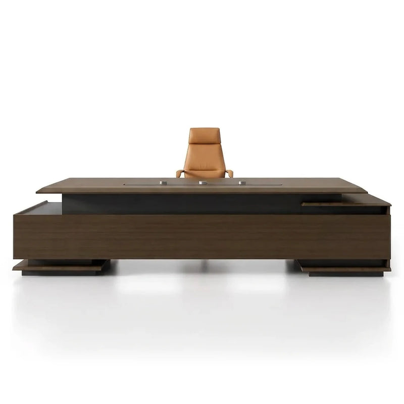 Aspen grand executive desk in warm brown textured woodgrain, low platform profile
