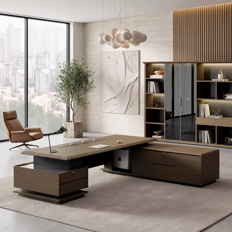 Aspen executive desk in a stone and oak office beside its matching shelving