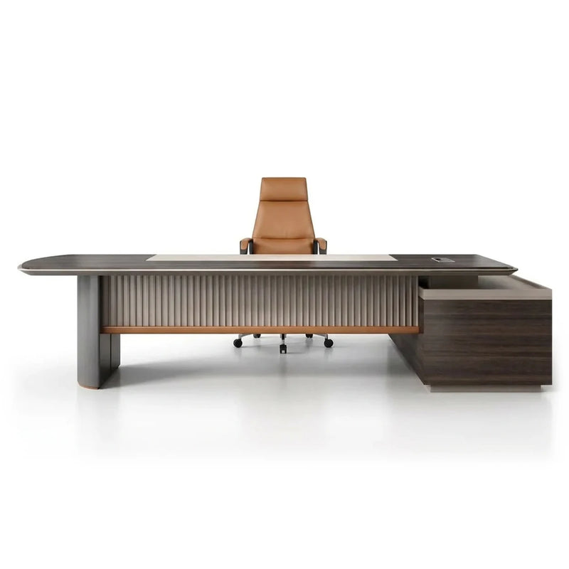 Pendrith executive desk in antique walnut with fluted band and orange trim