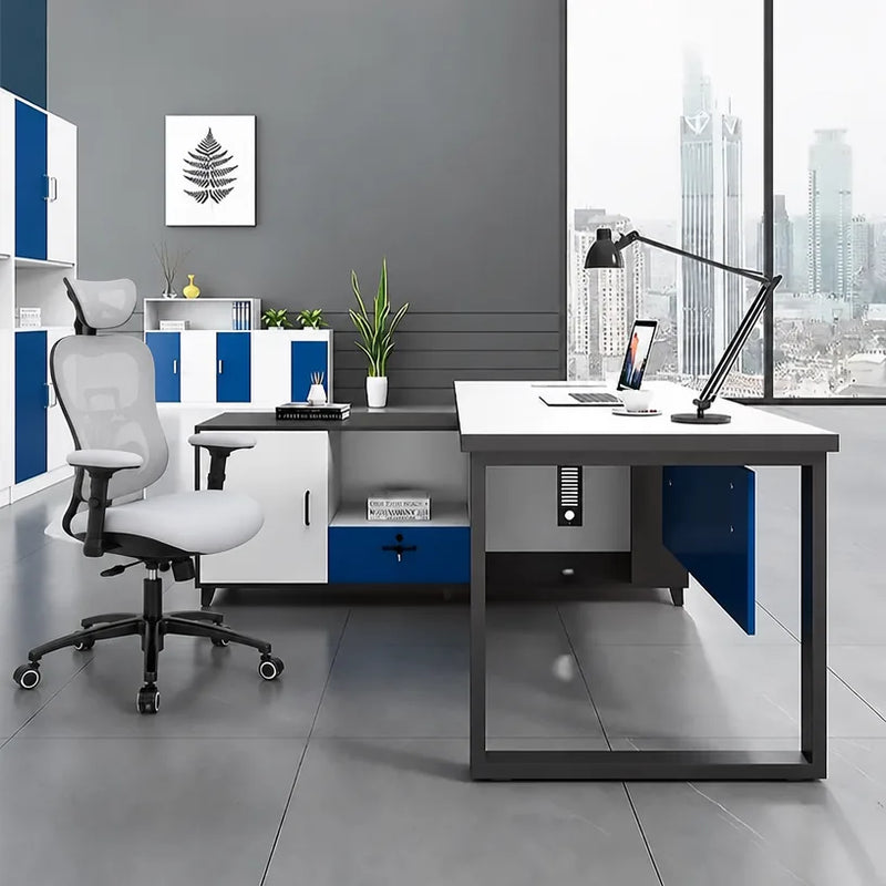 Astrea L-shaped desk with blue panel in a manager's office with skyline view