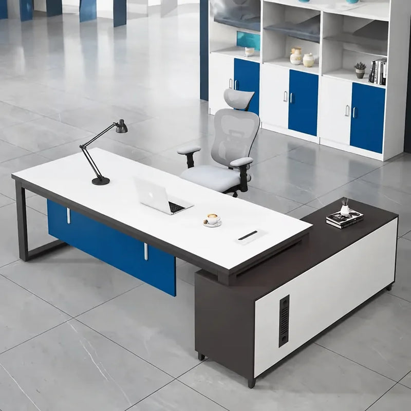 Astrea desk in white, left return, with charcoal storage pedestal