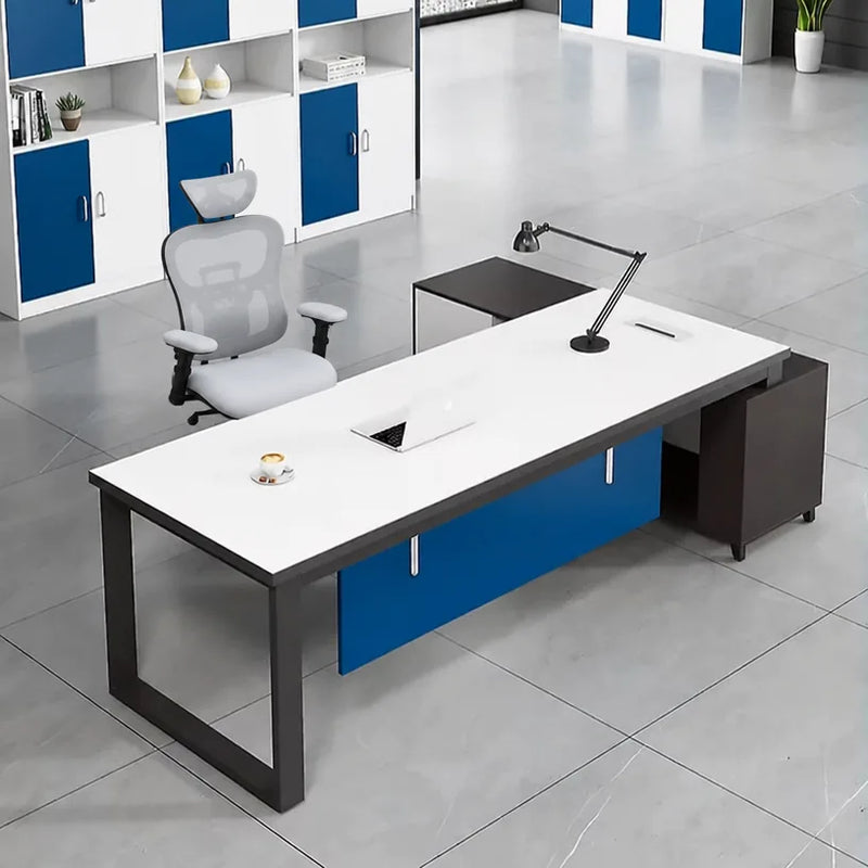 Astrea desk with white top and dark return cabinet, seen from the front corner