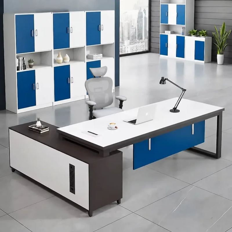Astrea desk with espresso return cabinet and blue drawer accents