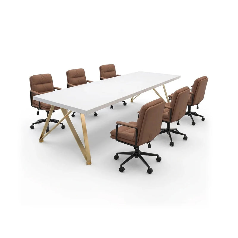 Astrid modern white meeting table on gold hairpin legs with four tan chairs, 4′ to 8′ (48 to 96-inch) lengths