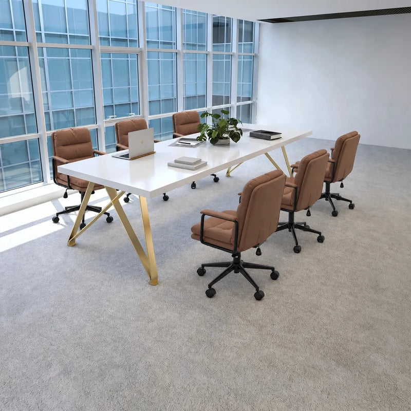 Astrid white high-gloss huddle table with six tan chairs and a laptop by floor-to-ceiling windows