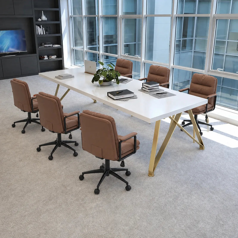 Astrid minimalist white meeting table with tan chairs on carpet, bookshelves and a TV behind