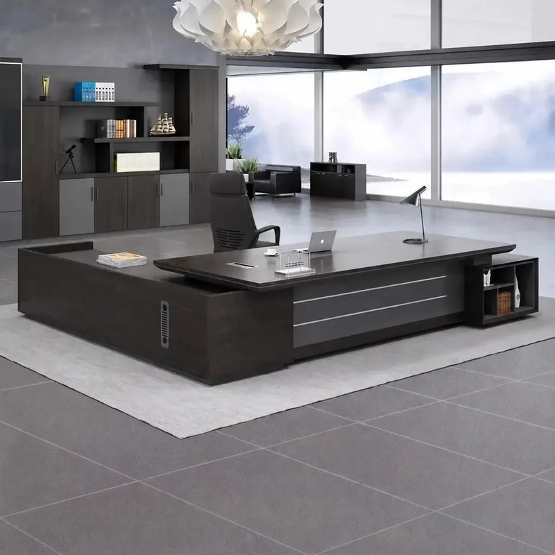 Midnight Black Atlas large executive desk with right return in a corner office with panoramic windows
