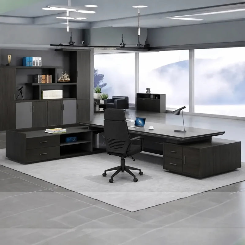 Atlas grand executive desk in Midnight Black in a modern office suite with matching storage wall