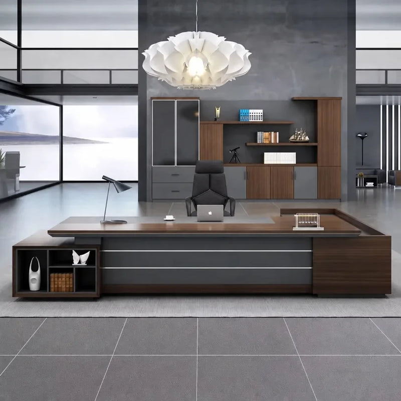 Atlas grand desk in Midnight Black stretching wall to wall in a minimalist gray office