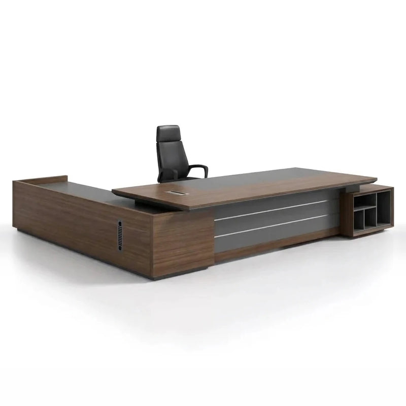 Atlas executive desk in Dark Oak, right return, on white